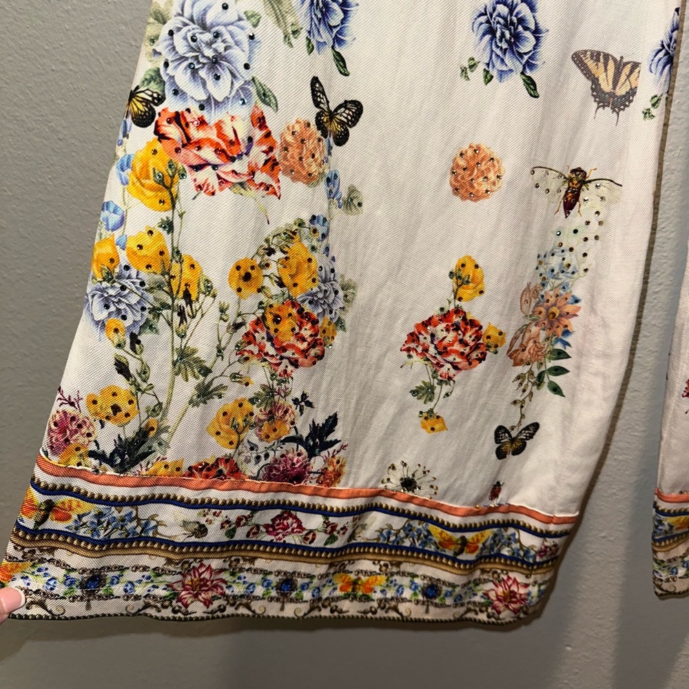 Camilla “Queens Bee Hive” Cream Linen Floral Print Wide-Leg Lounge Pants M - Picture 6 of 12